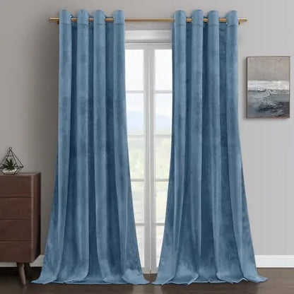 HOMEIDEAS Stone Blue Velvet Curtains 52 x 84 Inches Long Heavy Thermal Insulated Grommet Window Drapes for Living Room Bedroom 2 Panels