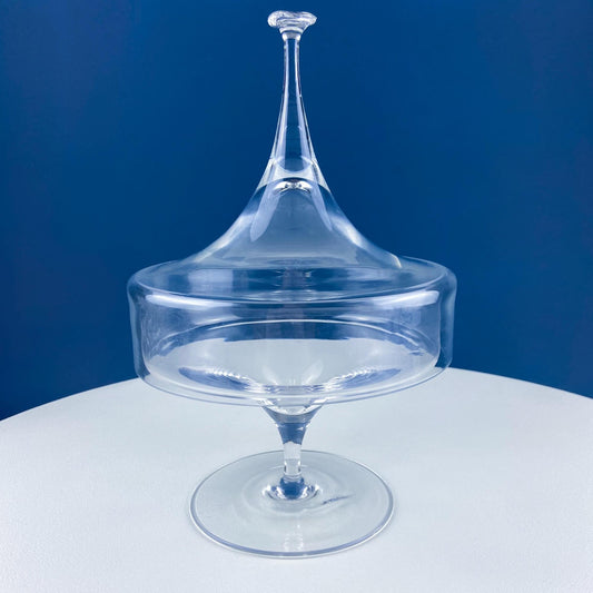 Crystal Clear Footed Candy Bowl or Serving Dish with Empoli Style Lid. Unique Mid Century Modern Apothecary Jar. Home Store Cafe Decor.
