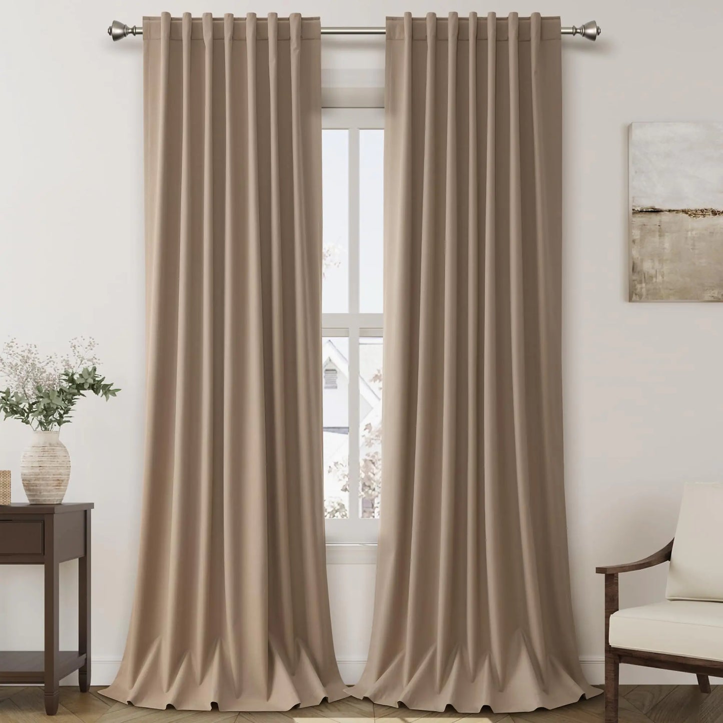 100% Blackout Linen Curtains 102 Inches Long 2 Panels Set for Bedroom Tan Back Tab Black Out Curtain Modern Urban Noise Cancelling Total Light Blocking Window Curtains 102 Length 52X102 Inches