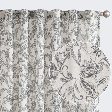 Lazzzy Linen Black Floral Curtains 90 Inch Length Farmhouse Curtain Back Tab Drapes for Living Room Bedroom Light Filtering Vintage Rod Pocket Curtains 2 Panels Black on Beige