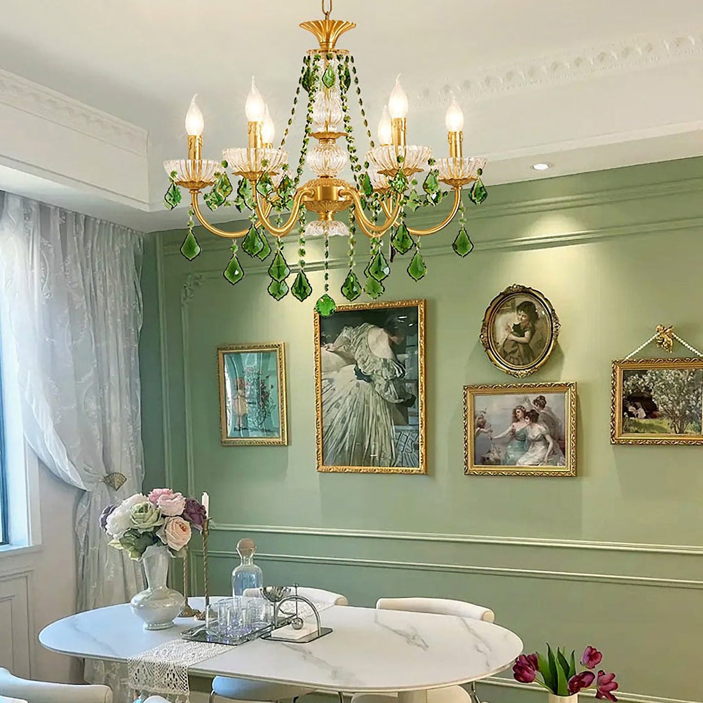 French Vintage Green Crystal Chandelier