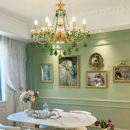 French Vintage Green Crystal Chandelier