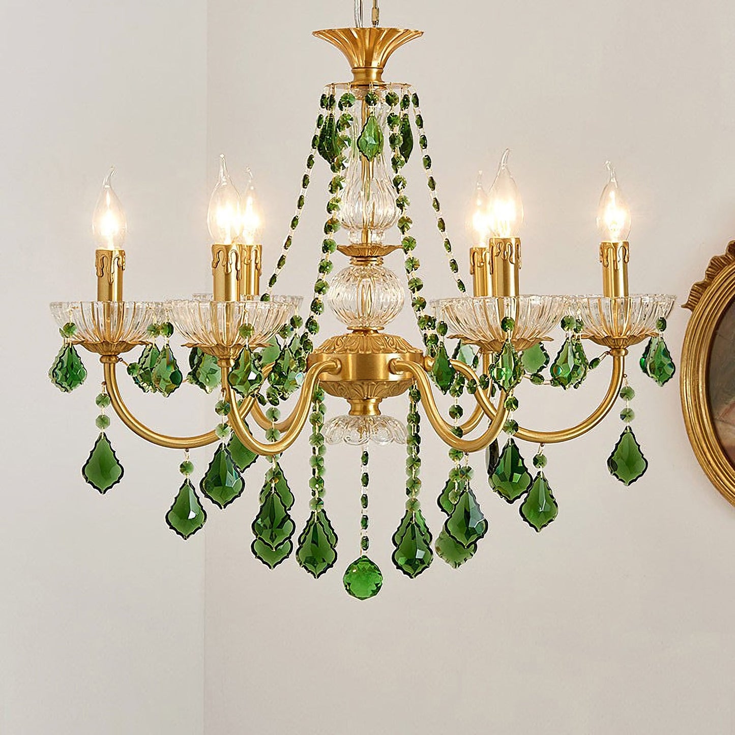 French Vintage Green Crystal Chandelier