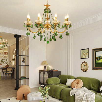 French Vintage Green Crystal Chandelier