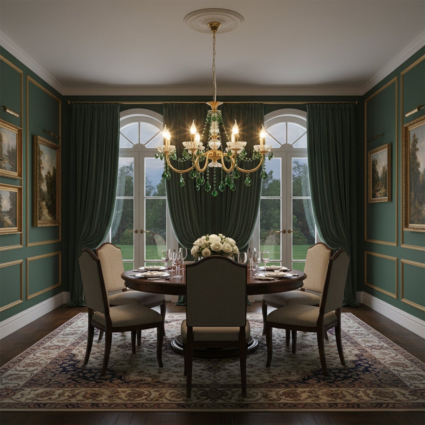 French Vintage Green Crystal Chandelier