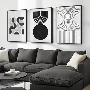 Large Framed Black and White Abstract Wall Art for Living Room Set of 3 Piece Boho Minimalist Geometric Canvas Paintings ArtWork for Walls Modern Art Prints Pictures Wall Decor for Office Hallway 24x36 Inch