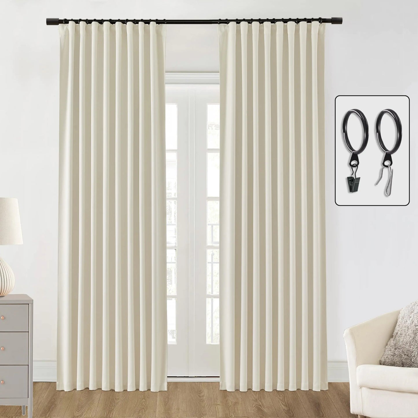 SHINELAND Blackout Curtains 108 Inches Long for Living Room 2 Two Panels Set Back Tab Hook Ring Clip Pleat Extra Long Darkening Insulating Curtains for Window9FTBeige
