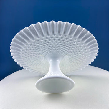 Vintage Hobnail Milk Glass Cake Stand. White 13" Cake Serving Platter with Ruffled Edge. Wedding Birthday Holiday Celebration. Dining Rm Decor
