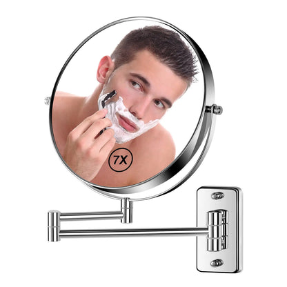 BTremary 8” Wall Mounted Magnifying Makeup Mirror 1X/7X Wall Mount Mirror Swing Arm Two-Sided 360° Swivel Bathroom Shaving Mirror for Men and Women in Hotel/Home Chrome