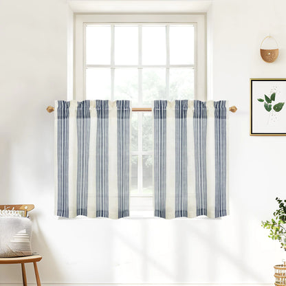 DriftAway Kitchen Curtains Striped Tier Linen Short Curtains Pinstripe Cafe Curtains 24 Inch Length for Living Room Bathroom Chris Farmhouse Rustic Curtains Rod Pocket 2 Panels Ivory Dark Blue