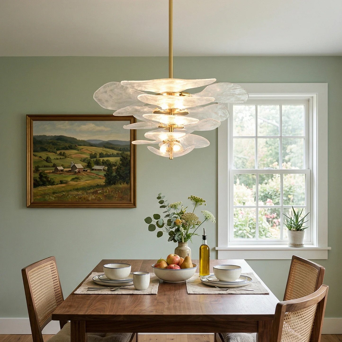 White Sculpted Leaf Glass Chandelier