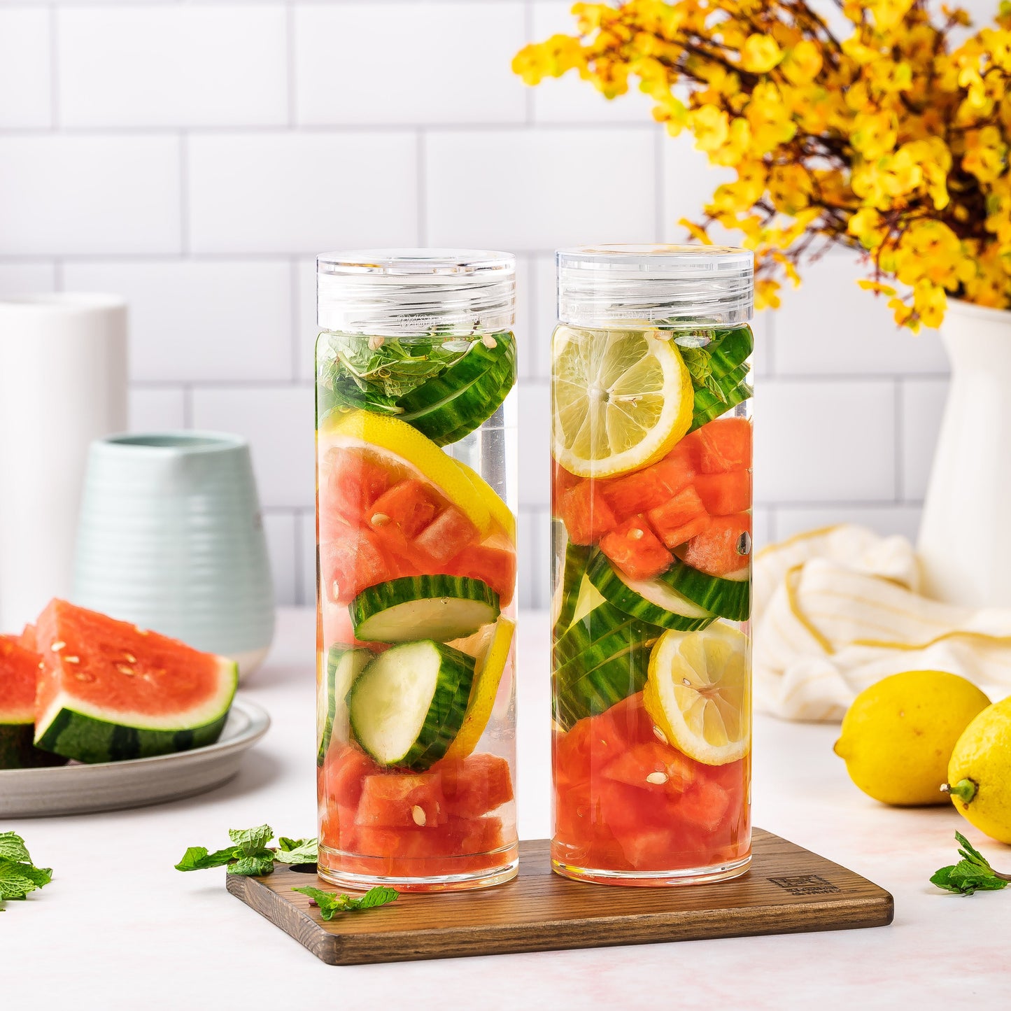 Skinny Series Glass Bottles Set w/ Crystal Clear Lids, 16 oz