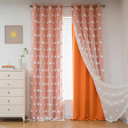MYSKY HOME Orange Curtains 90 Inch Long for Living Room Nursery Curtains for Bedroom Double Layer Curtains White Pom Pom Sheer Curtains for Dining Room Grommet Room Darkening Window Panels 52" x 90"
