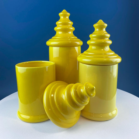 Vintage Mid Century Modern Yellow Ceramic Lantern Shaped Canisters with Lids. Set of 3. Kitchen Dining Rm Decor. Modern Farmhouse.