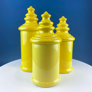 Vintage Mid Century Modern Yellow Ceramic Lantern Shaped Canisters with Lids. Set of 3. Kitchen Dining Rm Decor. Modern Farmhouse.