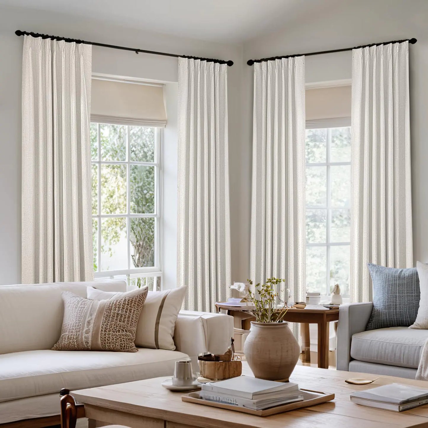 MIULEE Natural Pinch Pleated 100% Blackout Linen Curtains 120 Inch Length 2 Panels Set Pleat Curtains with Pin Hooks Black Out Light Blocking Room Darkening Drapes for Bedroom Living Room Window