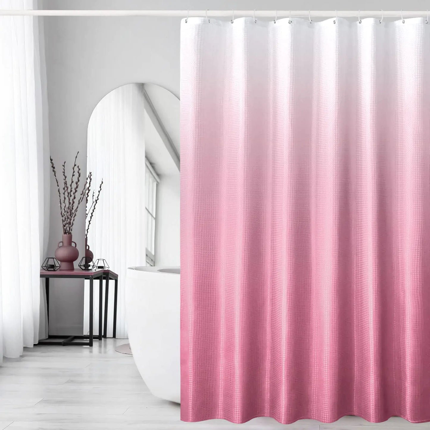 Gibelle Pink Shower Curtain Ombre Fabric Shower Curtains for Bathroom Waffle Weave Textured Bathroom Curtain with Hooks Water Repellent and Machine Washable 72 x 72