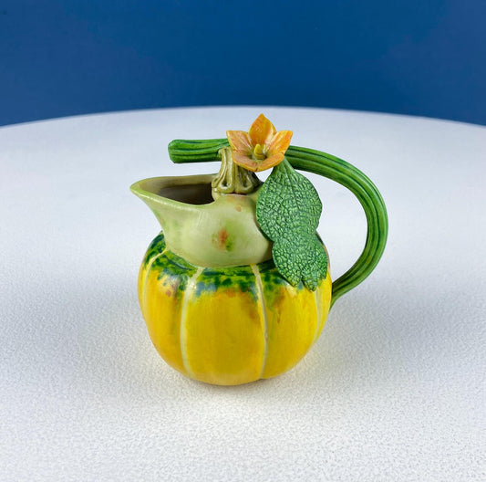 Vintage Porcelain Creamer in Shape of Pumpkin. 3D Highly Detailed Flower and Leaf. Modern Farmhouse. Dining Room Decor. Hosting Essential.
