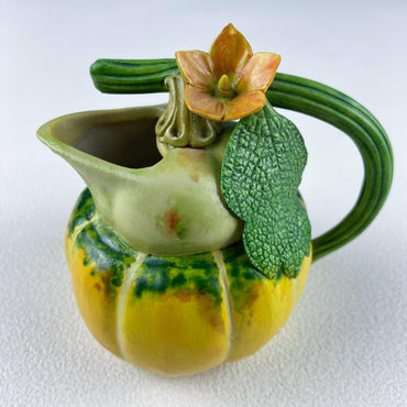 Vintage Porcelain Creamer in Shape of Pumpkin. 3D Highly Detailed Flower and Leaf. Modern Farmhouse. Dining Room Decor. Hosting Essential.