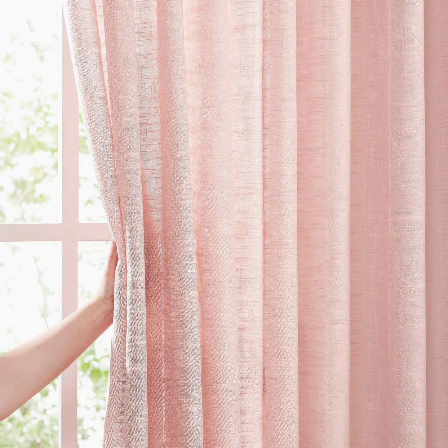 FMFUNCTEX Linen Semi Sheer Pink Curtains for Bedroom Living Room Blush Pink Curtains 96 Inches Long Sheer Linen Textured Window Drapes Farmhouse Light Filtering 2 Panels Rod Pocket
