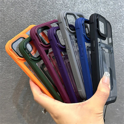 Acrylic Card Holder Fold Camera Bracket Clear Case for iPhone 16 15 14 13 12 11 Pro Max Plus Wrist Hand Strap Shockproof Cover