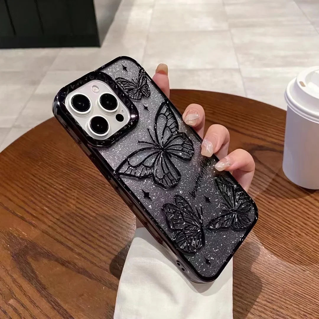 3D Bling Glitter Butterfly Quicksand Gradient Phone Case For iPhone 16 15 14 13 12 11 Pro Max 16 Plus Plating Shockproof  Cover