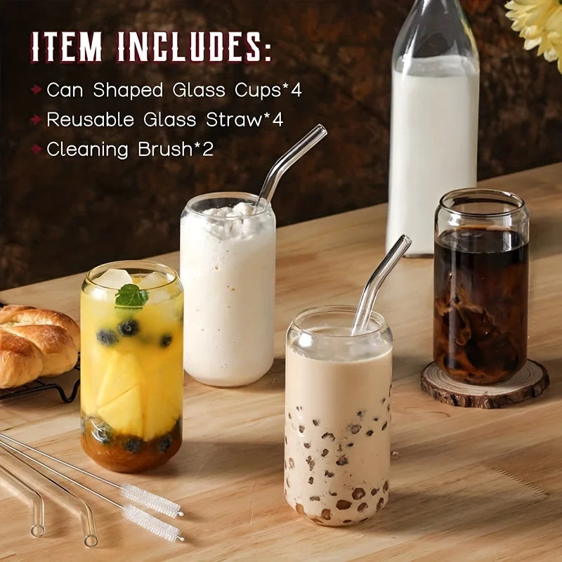 Drinking Glasses Cup with Glass Straw 4pcs Set Can Shaped For Beer Iced Coffee Whiskey Soda Tea Water with 2 Cleaning Brushes