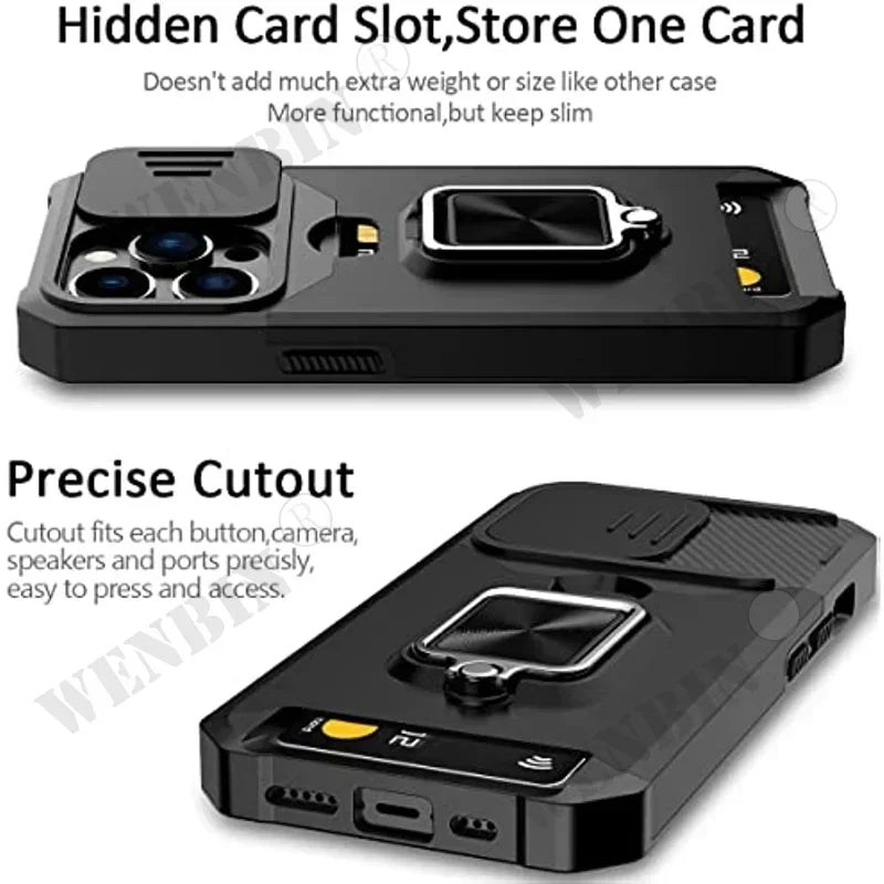 Case For iPhone 16 15 14 13 12 Pro Max Plus 8 7 Plus Mini SE Heavy Duty Protection With Sliding Camera Cover And Card Clip Cover