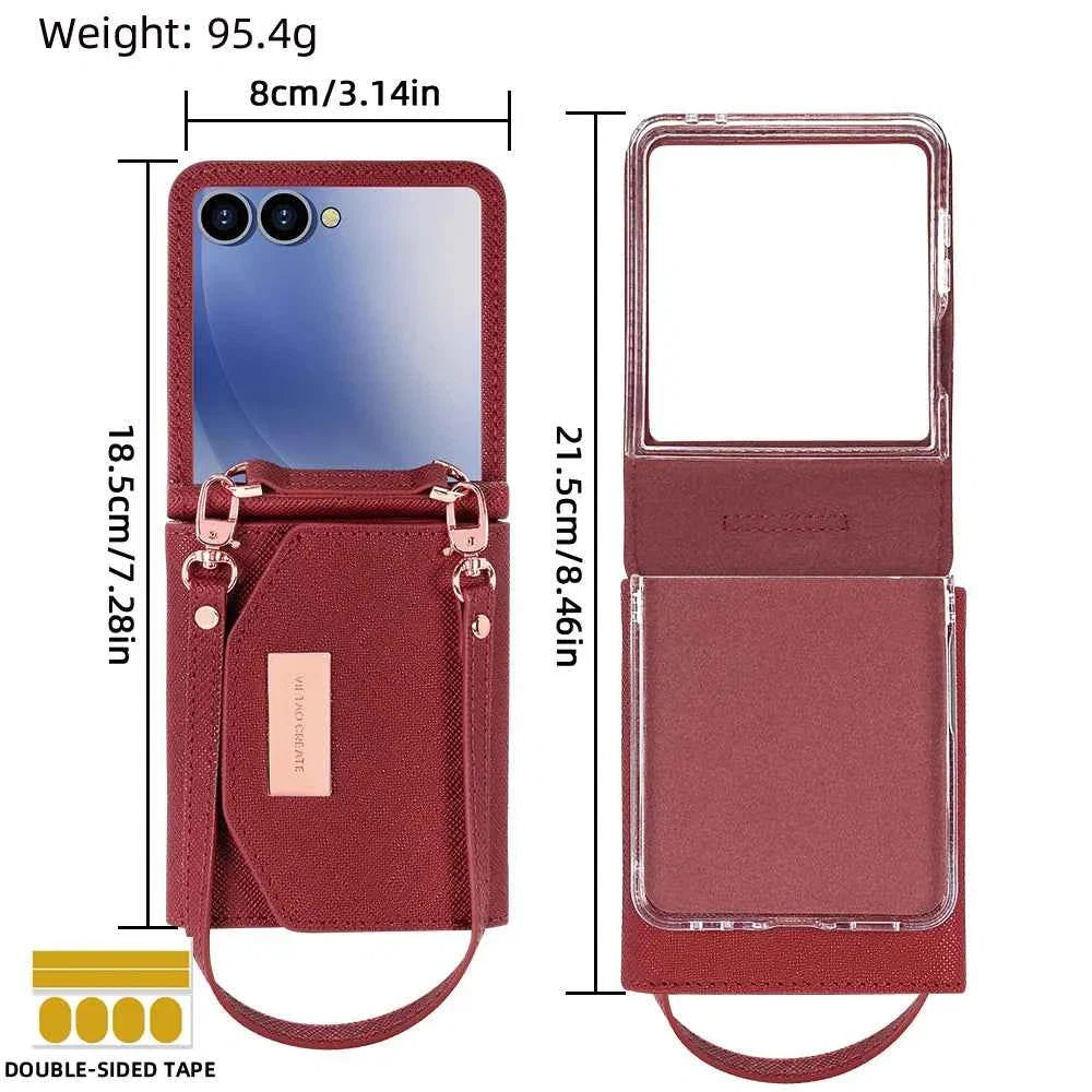 VIETAO Dark Red PU Leather Wallet Phone Case with Wrist Strap for Galaxy Z Flip 7/6/5/4/3 Women's Fashionable Phone Cover Case