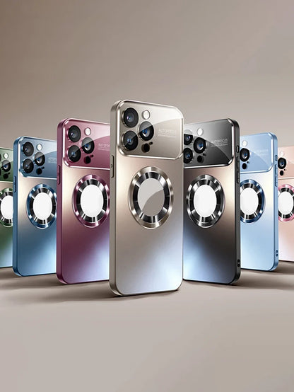 Luxury Glass Camera Lens Case for MagSafe Magnetic Wireless Charging, Shockproof Cover for iPhone 11 12 13 14 15 16 Pro Max Plus