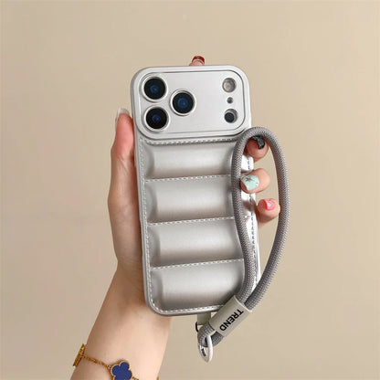 Soft Down Jacket Silicone Case For iPhone 17 16 15 14 13 12 11 Pro Max Plus Air Shockproof Camera Protection Wrist Strap Cover