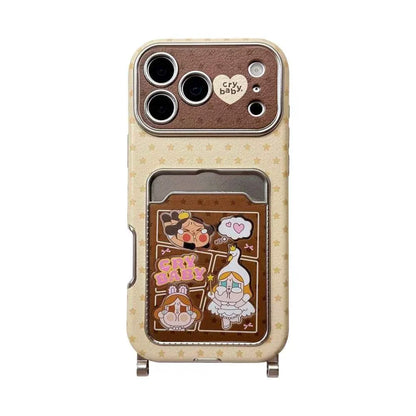 Kawaii Cartoon Cry Girls Card Holder Phone Case For iPhone 16 Pro 14 15 17 Pro Max Cover with Hand Rope Cute Protective Cases