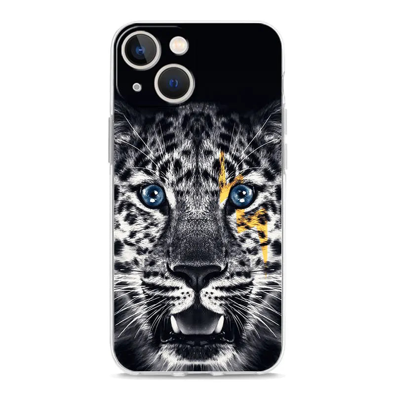 Luxury Transparent Phone Case For iPhone 15 14 13 12 11 Pro Max XS X XR 7 8 Plus Clear Cover Black Cheetah Tiger Lion Animals