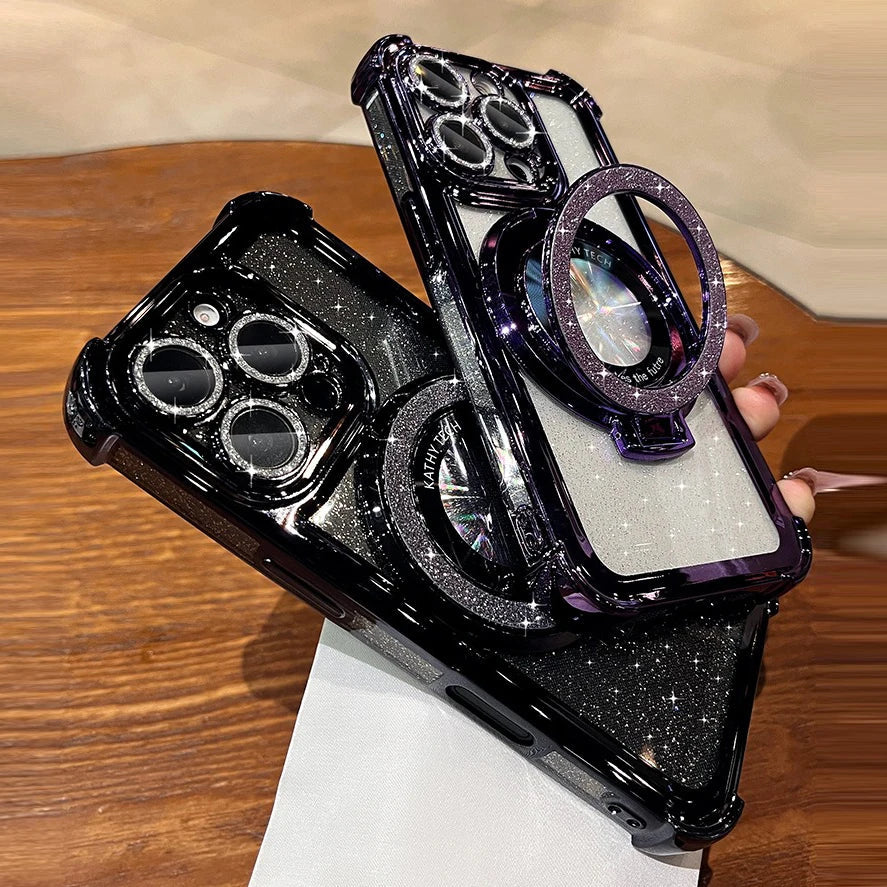 Double Bling Glitter Magsafe Bracket Case for iPhone 16 Pro Max Plus Transparent Plating Cover for iPhone 13 12 11 14 15 Pro Max