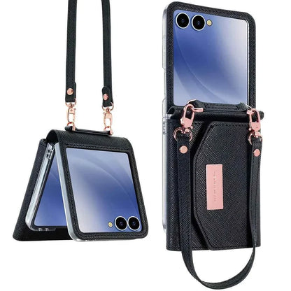 VIETAO Dark Red PU Leather Wallet Phone Case with Wrist Strap for Galaxy Z Flip 7/6/5/4/3 Women's Fashionable Phone Cover Case