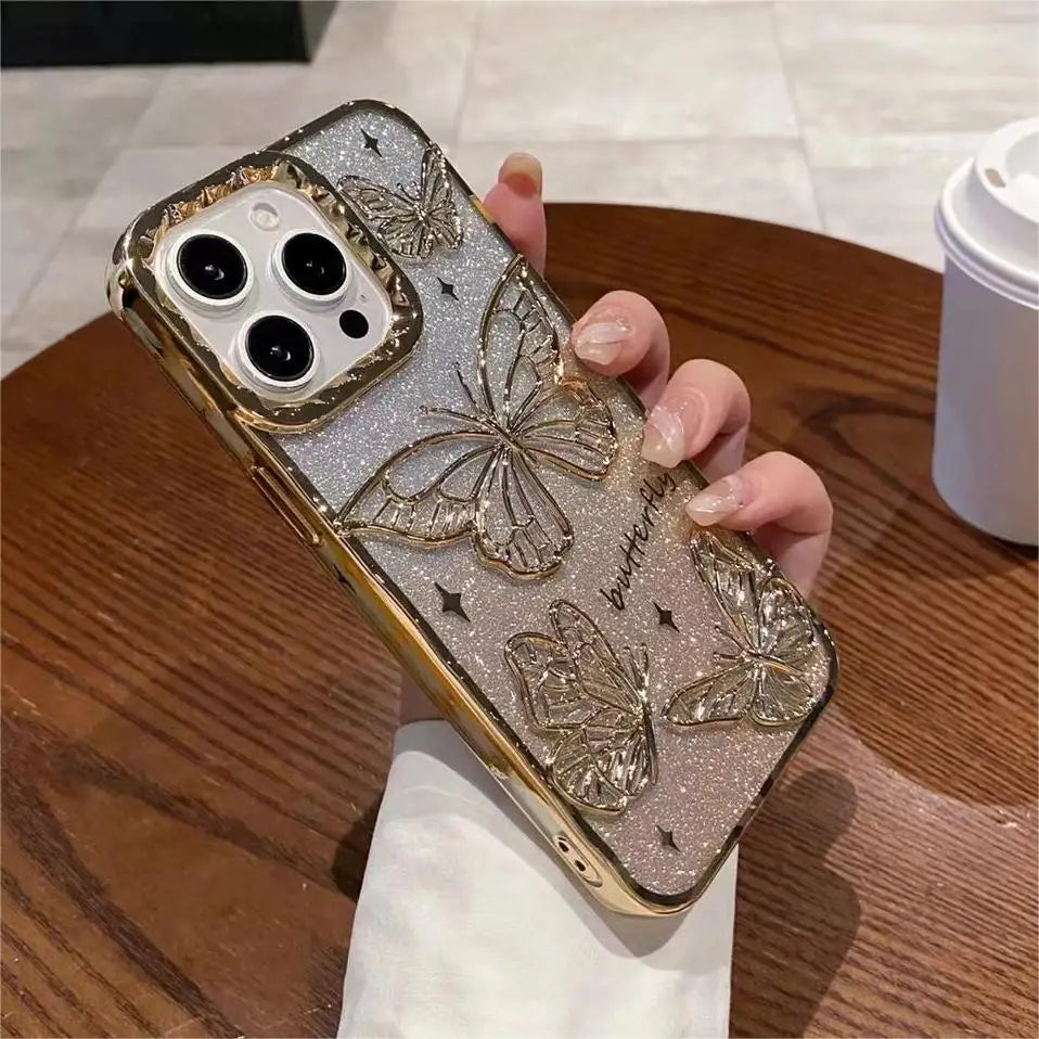 3D Bling Glitter Butterfly Quicksand Gradient Phone Case For iPhone 16 15 14 13 12 11 Pro Max 16 Plus Plating Shockproof  Cover