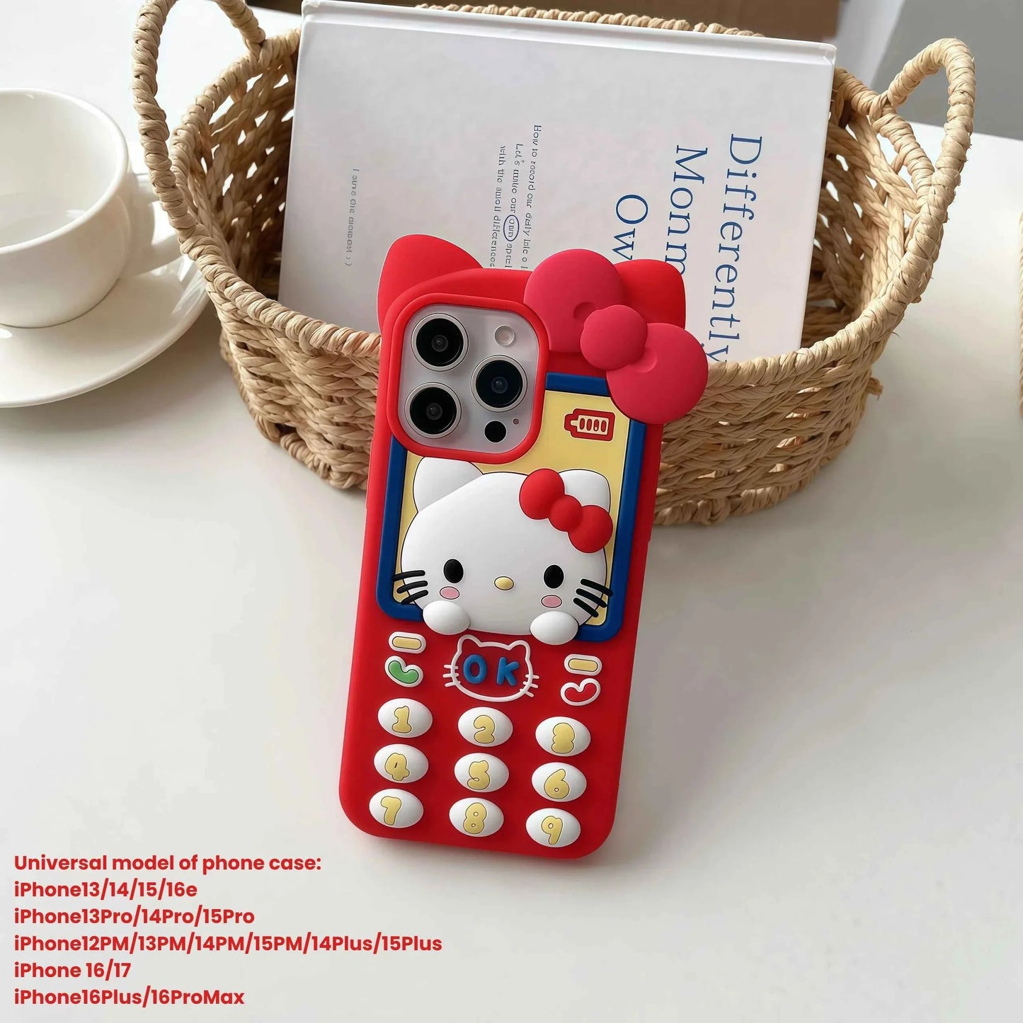 Cute 3D Telephone Hello Kitty Phone Case for iPhone 17 16 15 14 13 Pro Max Plus 17 Pro Cartoon Soft Silicone Cover with Lanyard