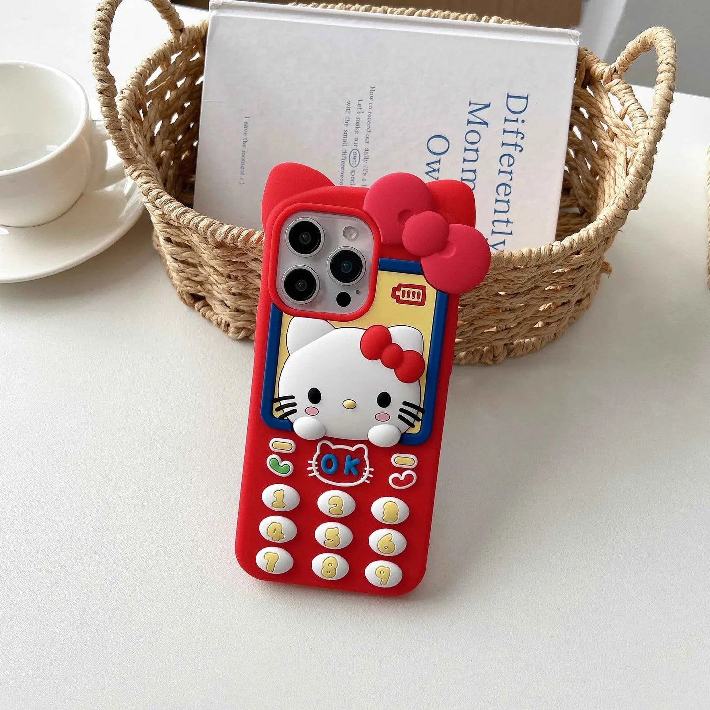 Cute 3D Telephone Hello Kitty Phone Case for iPhone 17 16 15 14 13 Pro Max Plus 17 Pro Cartoon Soft Silicone Cover with Lanyard