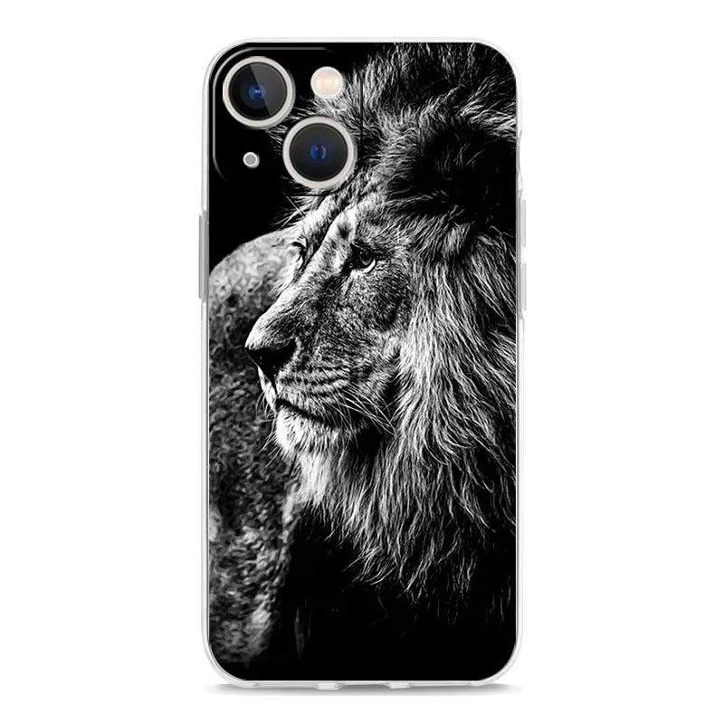 Luxury Transparent Phone Case For iPhone 15 14 13 12 11 Pro Max XS X XR 7 8 Plus Clear Cover Black Cheetah Tiger Lion Animals