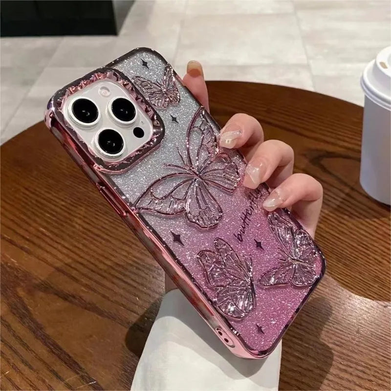 3D Bling Glitter Butterfly Quicksand Gradient Phone Case For iPhone 16 15 14 13 12 11 Pro Max 16 Plus Plating Shockproof  Cover