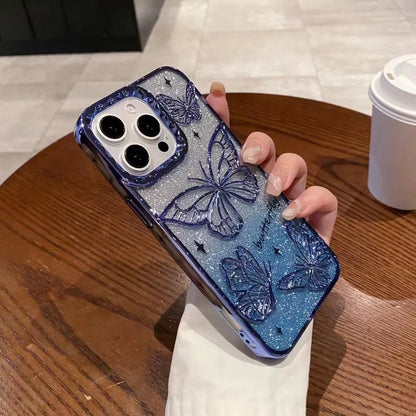 3D Bling Glitter Butterfly Quicksand Gradient Phone Case For iPhone 16 15 14 13 12 11 Pro Max 16 Plus Plating Shockproof  Cover