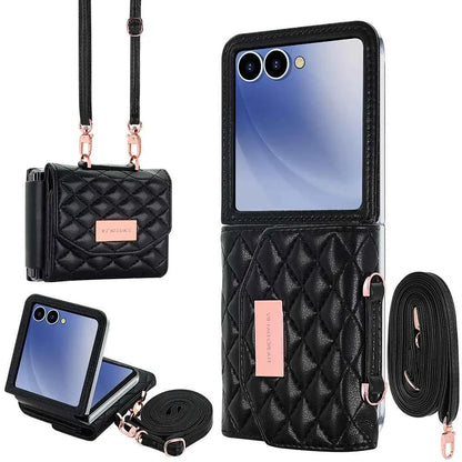 VIETAO Luxury Soft PU Leather Wallet Phone Case for Galaxy Z Flip 7/6/5/4/3 with Crossbody Strap - Durable Protective Cover