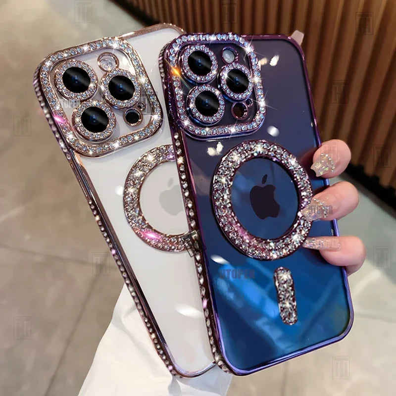 High-grade Glitter Rhinestones Phone Case For iPhone 16 15 11 12 13 14 Pro Max 16 Plus Magsafe Magnetic Clear Lens Protect Cover