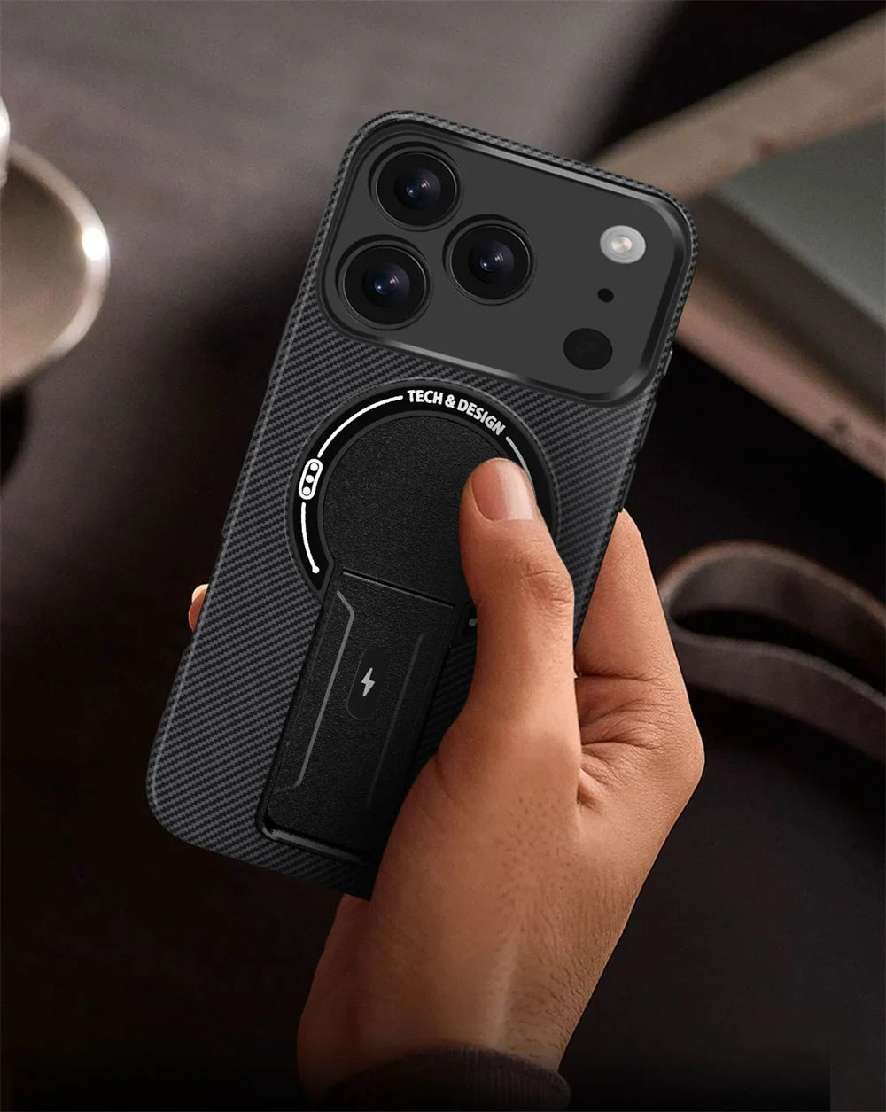 Bracket Carbon Fiber Texture Phone case For iPhone 17 17 Air 17 Pro 17 ProMax Wireless Charge Protect Cover Magnetic Phone Case