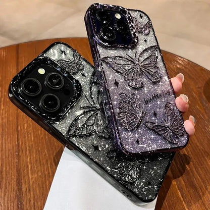 3D Bling Glitter Butterfly Quicksand Gradient Phone Case For iPhone 16 15 14 13 12 11 Pro Max 16 Plus Plating Shockproof  Cover