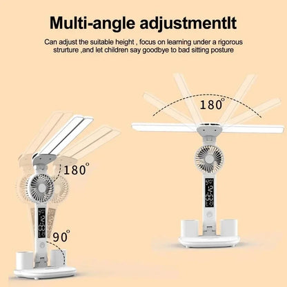 LED Desk Lamp Portable Foldable Fan Lamp Smart Display Clock USB Rechargeable Desk Lamp Eye Protection Study Reading Desk Light