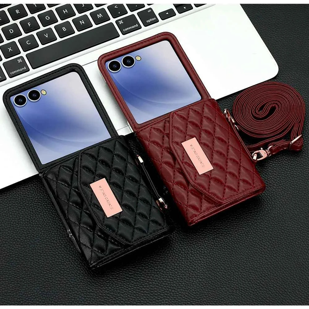 VIETAO Luxury Soft PU Leather Wallet Phone Case for Galaxy Z Flip 7/6/5/4/3 with Crossbody Strap - Durable Protective Cover