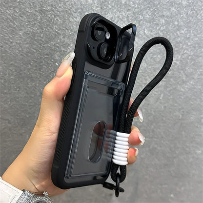 Acrylic Card Holder Fold Camera Bracket Clear Case for iPhone 16 15 14 13 12 11 Pro Max Plus Wrist Hand Strap Shockproof Cover