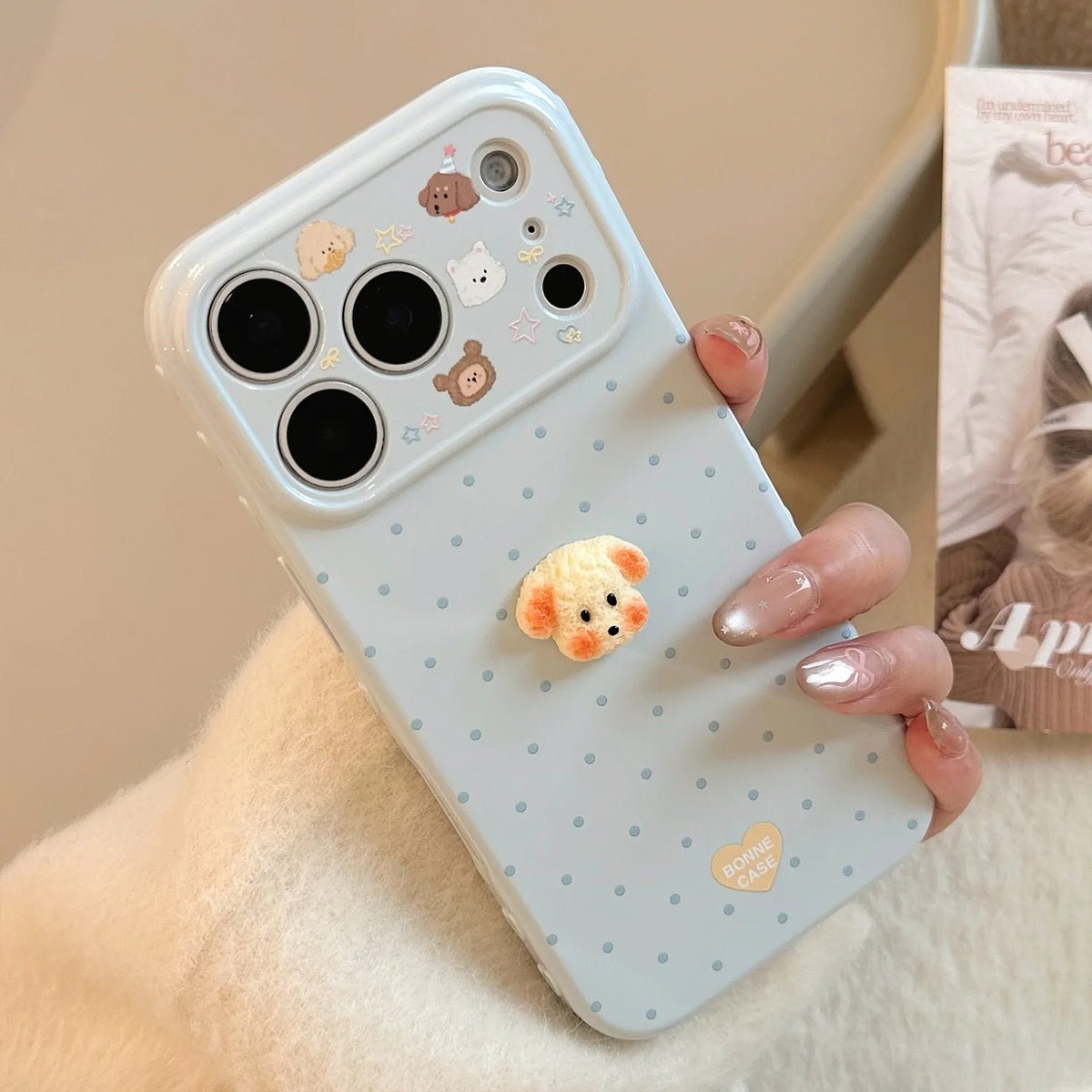 Korean Polka Dots 3D Cartoon Puppy Phone Case For iPhone 17 16 15 14 13 12 Pro Max Candy Colors Shockproof Protective Soft Cover