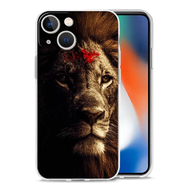 Luxury Transparent Phone Case For iPhone 15 14 13 12 11 Pro Max XS X XR 7 8 Plus Clear Cover Black Cheetah Tiger Lion Animals